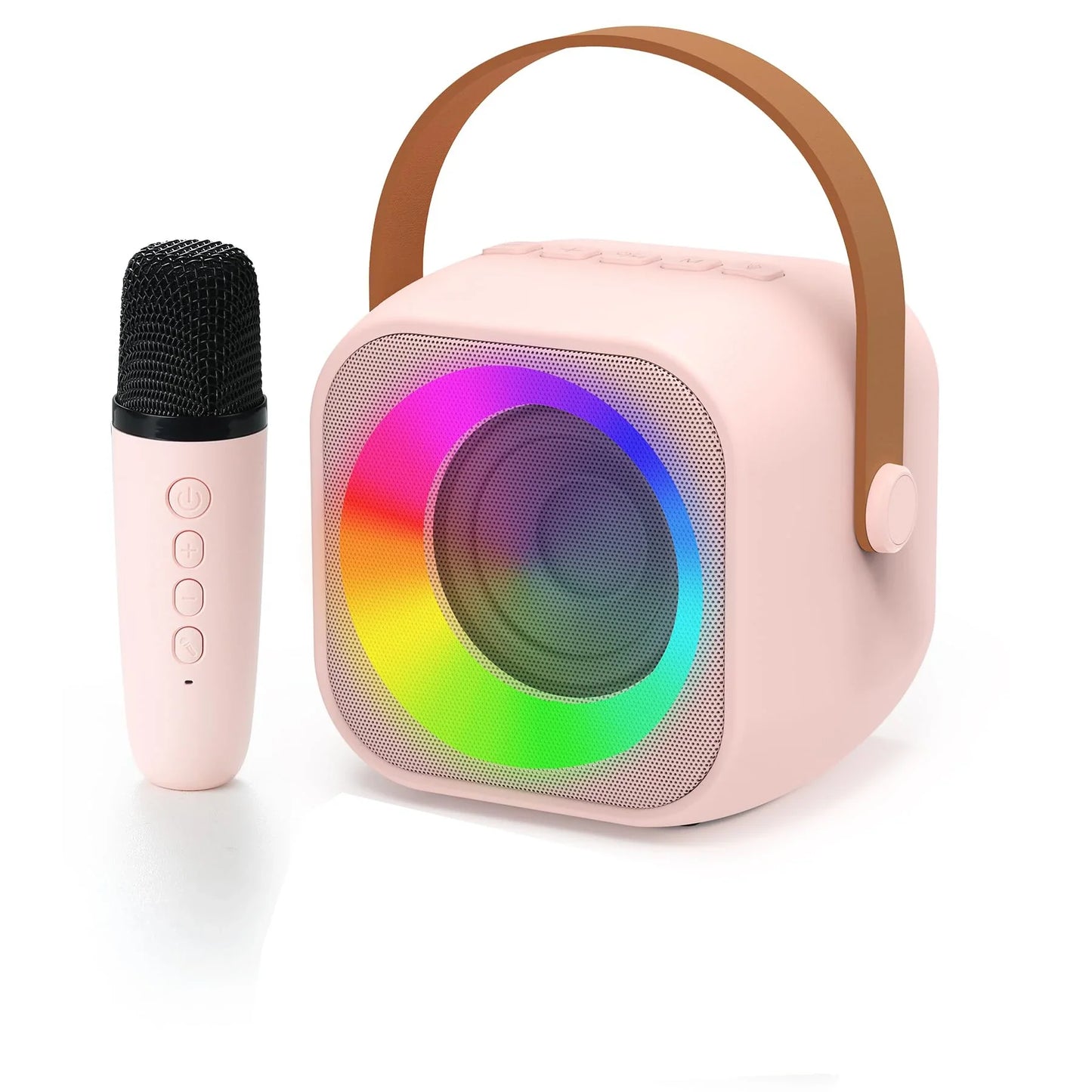 Pink haomuren portable karaoke machine with brown handle, rainbow led speaker, and matching pink wireless microphone for children singing family party