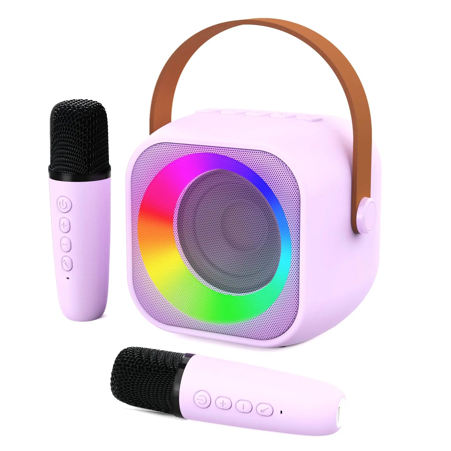 Pastel lavender haomuren portable karaoke machine with brown leather handle rainbow led lights and two microphones for children singing family party