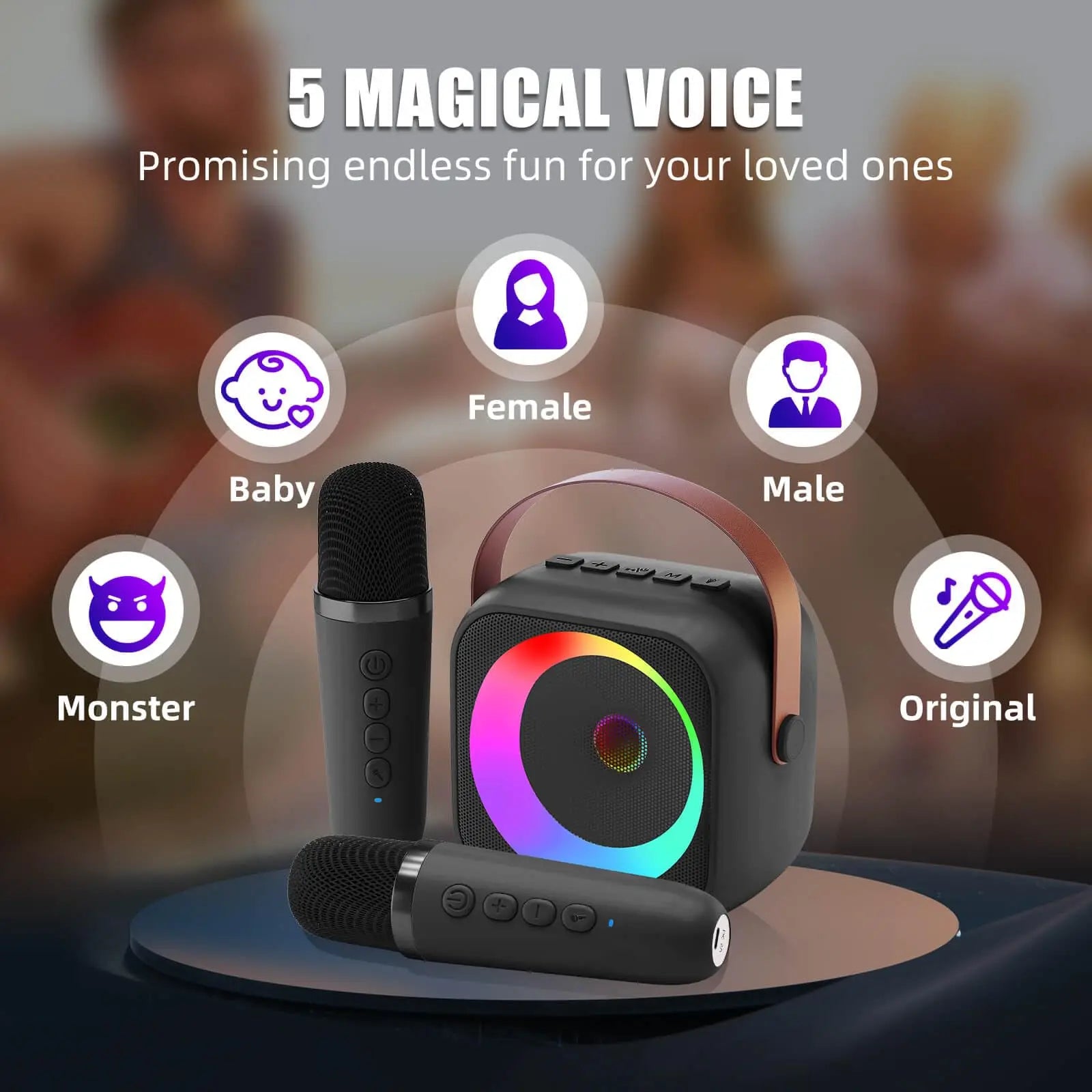 Black haomuren portable karaoke speaker with rainbow led ring and brown handle with two microphones for children singing family party