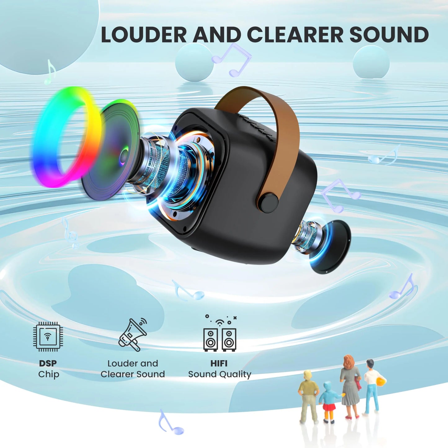 Black haomuren portable karaoke bluetooth speaker with brown leather strap and colorful led lighting for singing family party and children’s karaoke machine