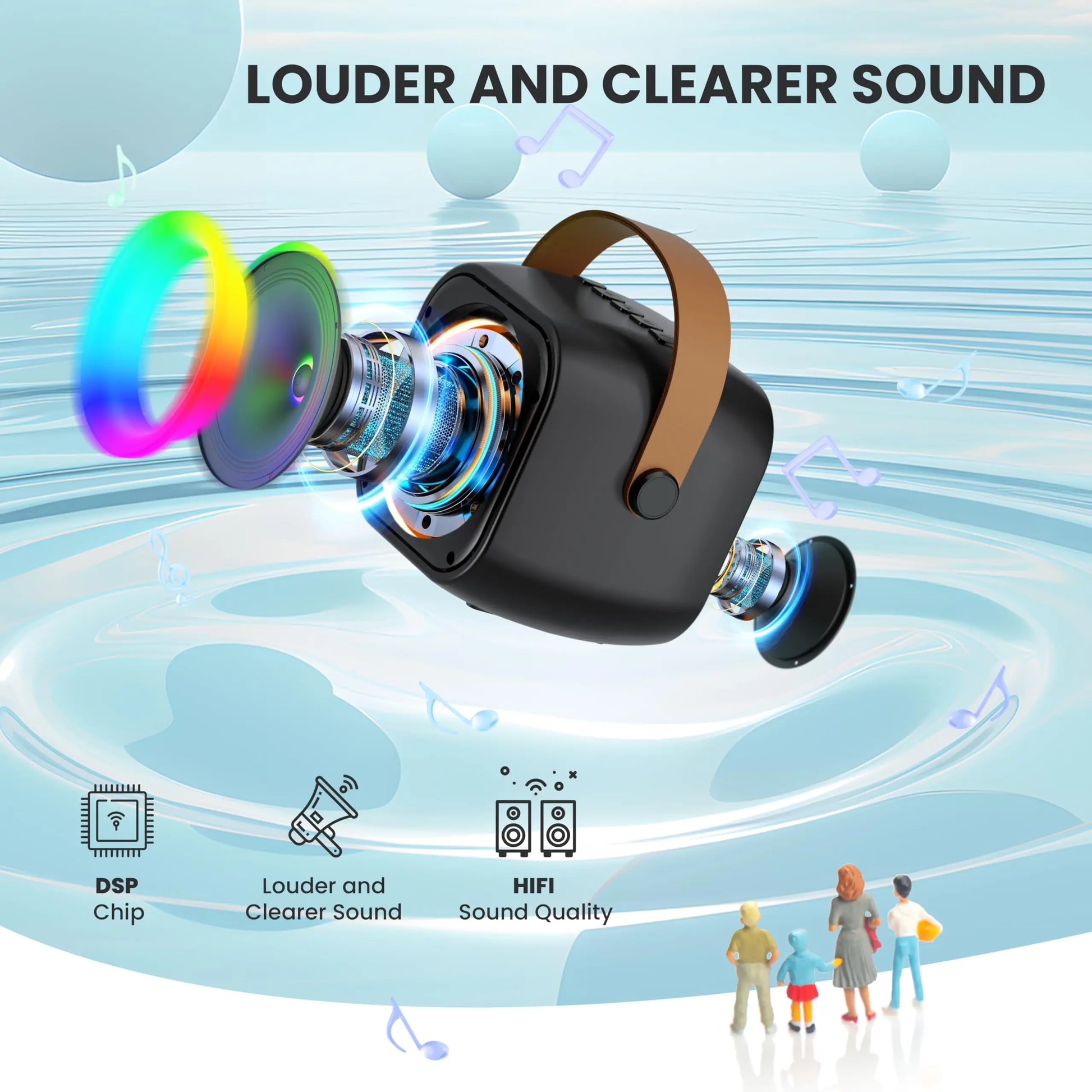 Black haomuren portable karaoke bluetooth speaker with brown leather strap and colorful led lighting for singing family party and children’s karaoke machine