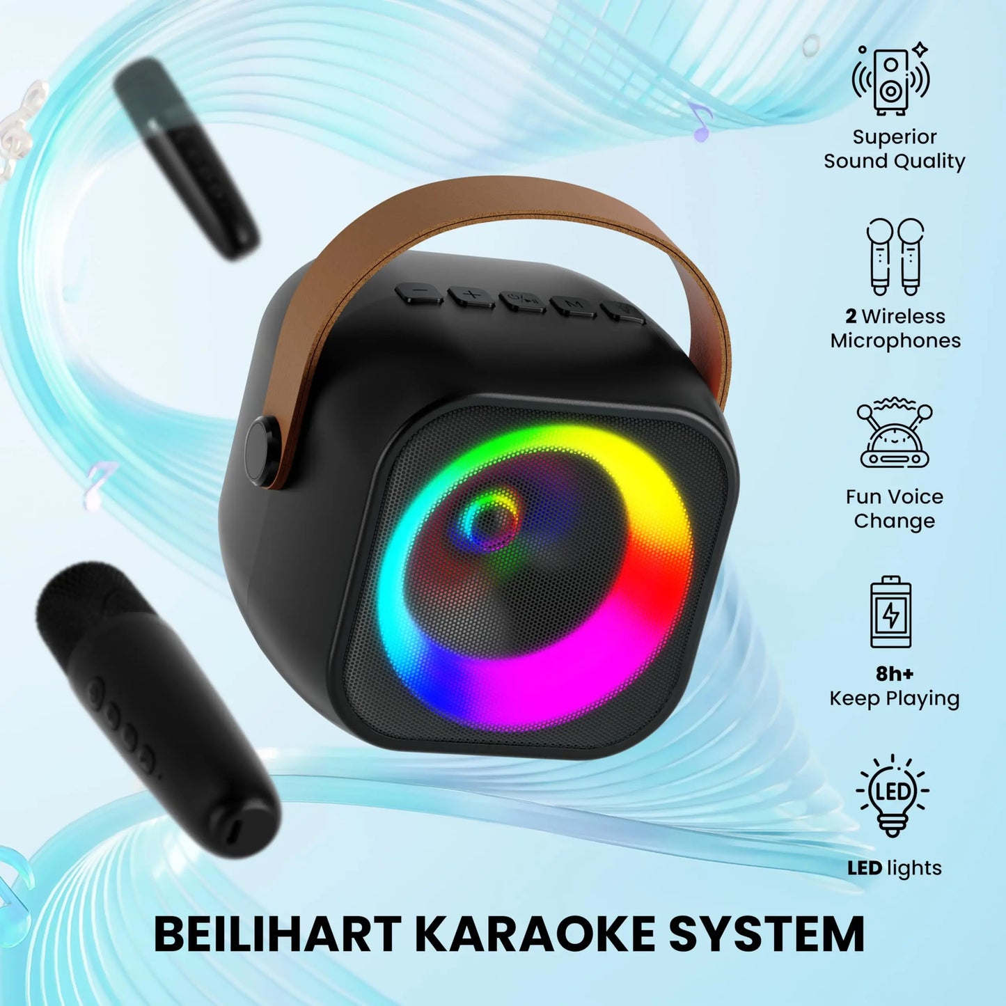 Black haomuren portable karaoke machine with brown leather handle and rainbow led lights for children’s karaoke machine and singing family party