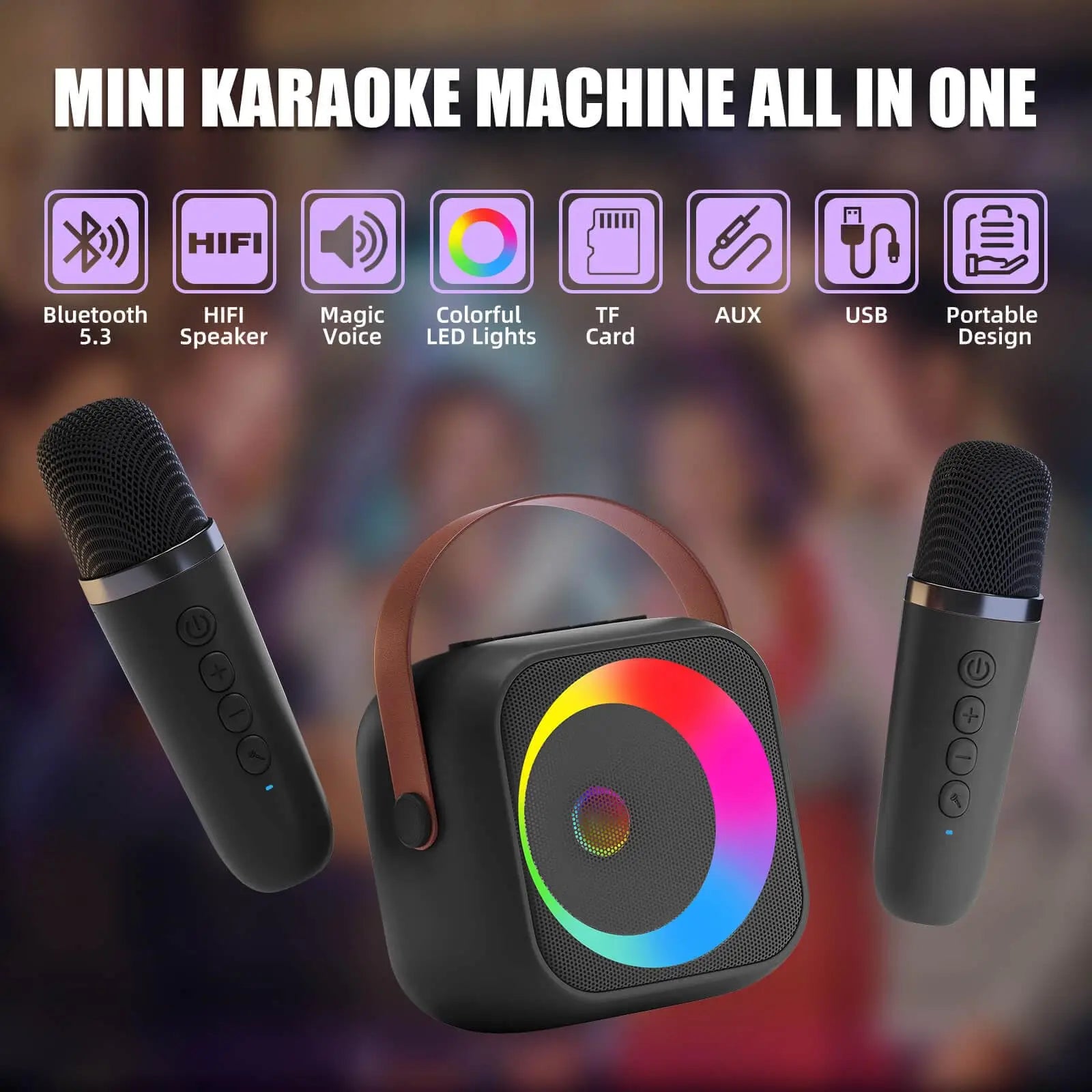 Haomuren portable karaoke black mini machine with colorful led lights and brown leather strap for children singing family party