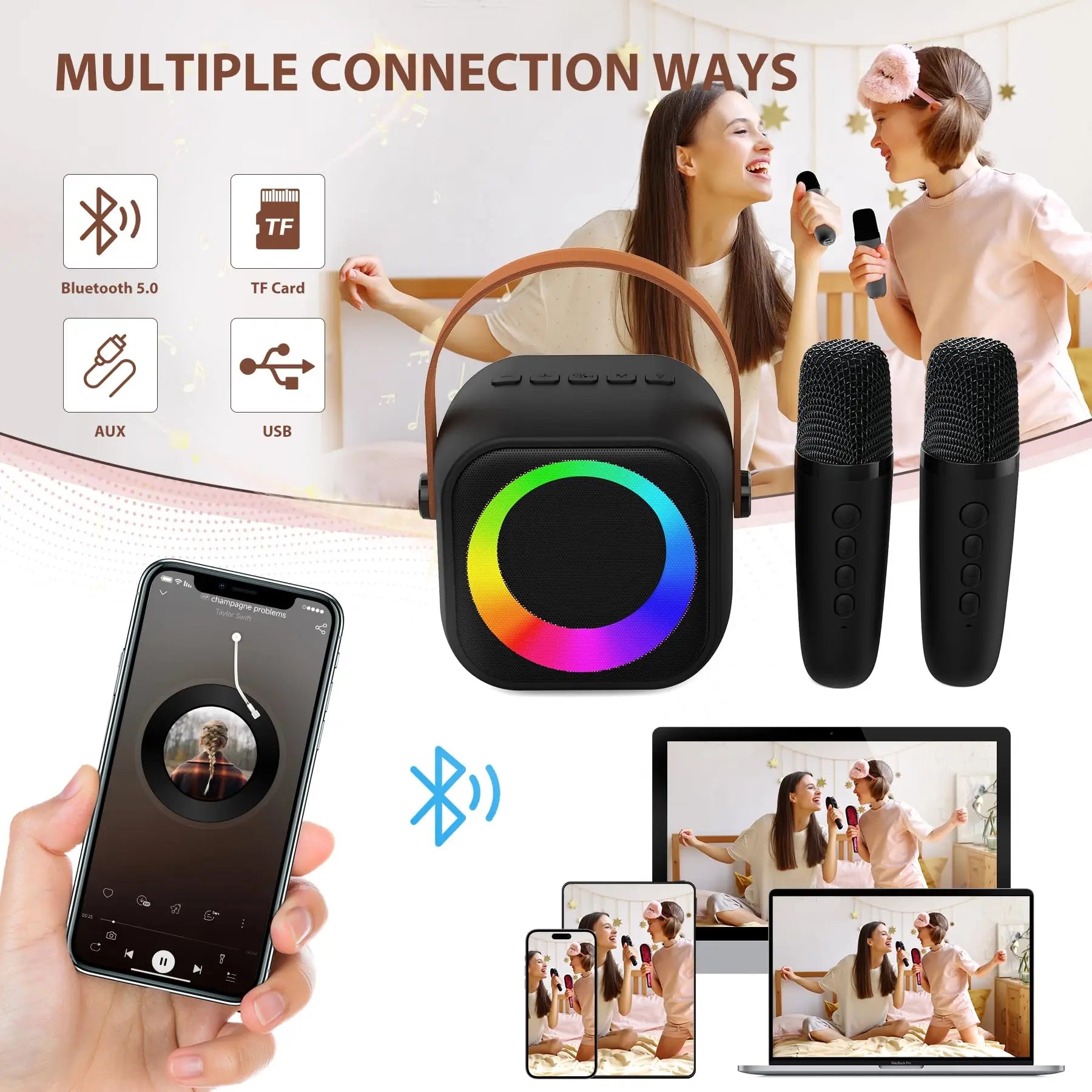 Haomuren portable karaoke black cube bluetooth speaker with rainbow led ring and brown handle for children’s karaoke machine and singing family party