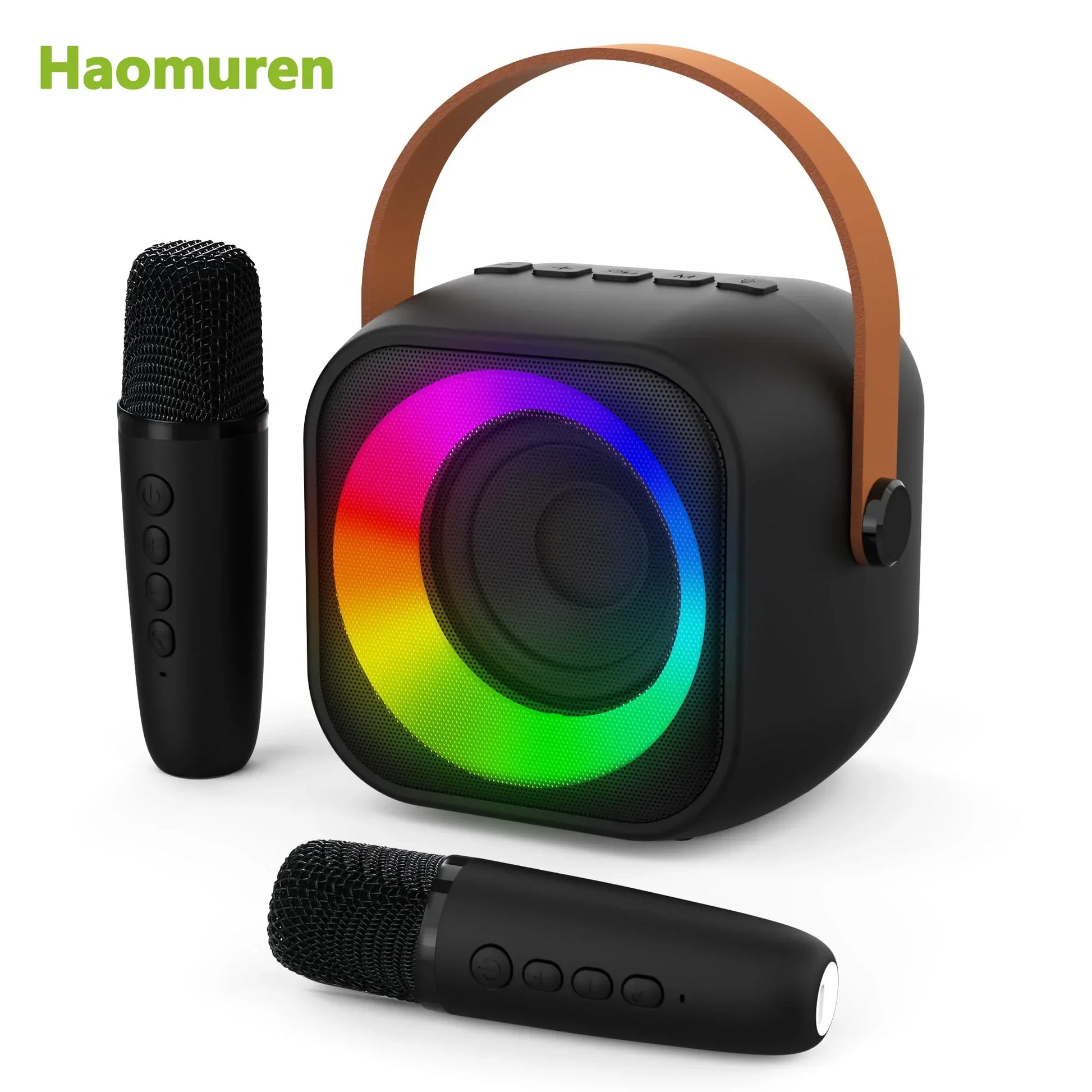 Black haomuren portable karaoke machine with brown leather handle rainbow led and two wireless microphones for singing family party
