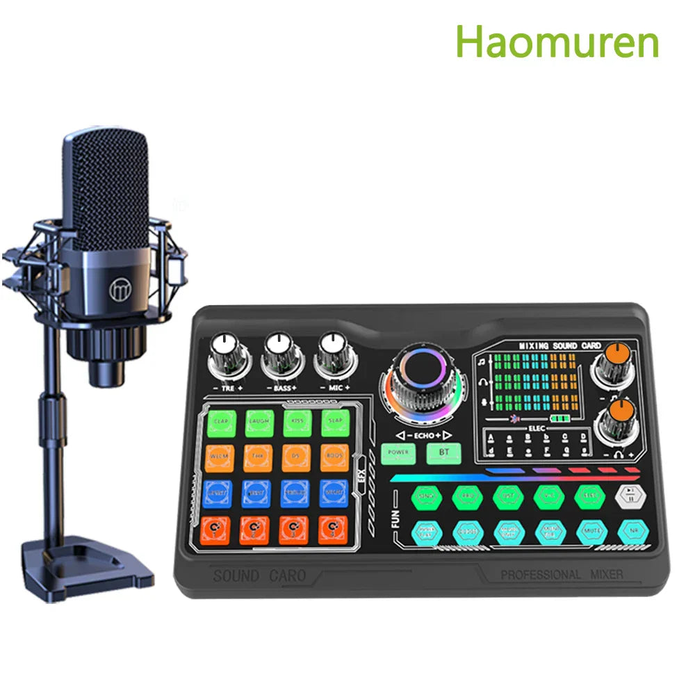Black haomuren professional microphone and sound card kit with colorful illuminated buttons for vlog recording live streaming