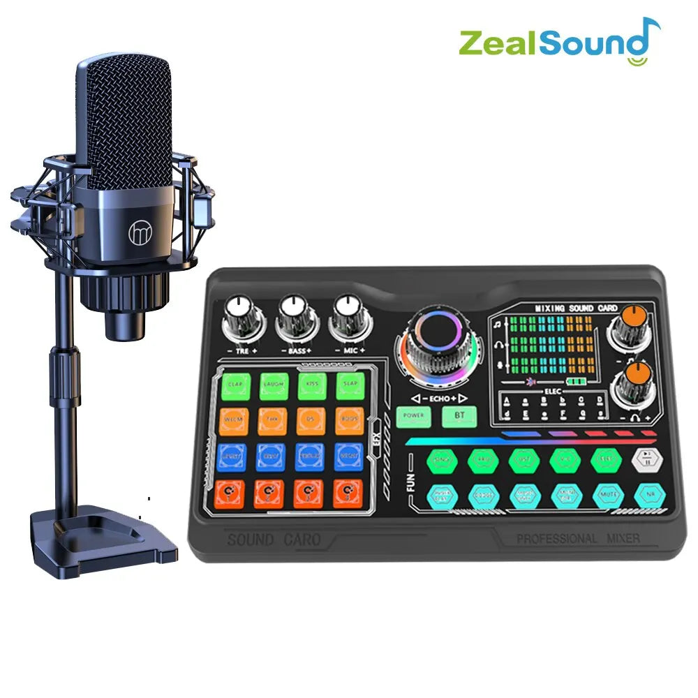 Black ZealSound professional audio mixer with colorful illuminated buttons paired with black condenser microphone for vlog recording live in Haomuren professional microphone sound card kit