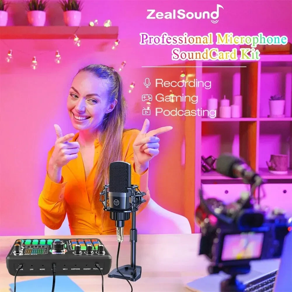 Black professional microphone with mesh grille and shock mount from haomuren professional microphone sound card kit for vlog recording live