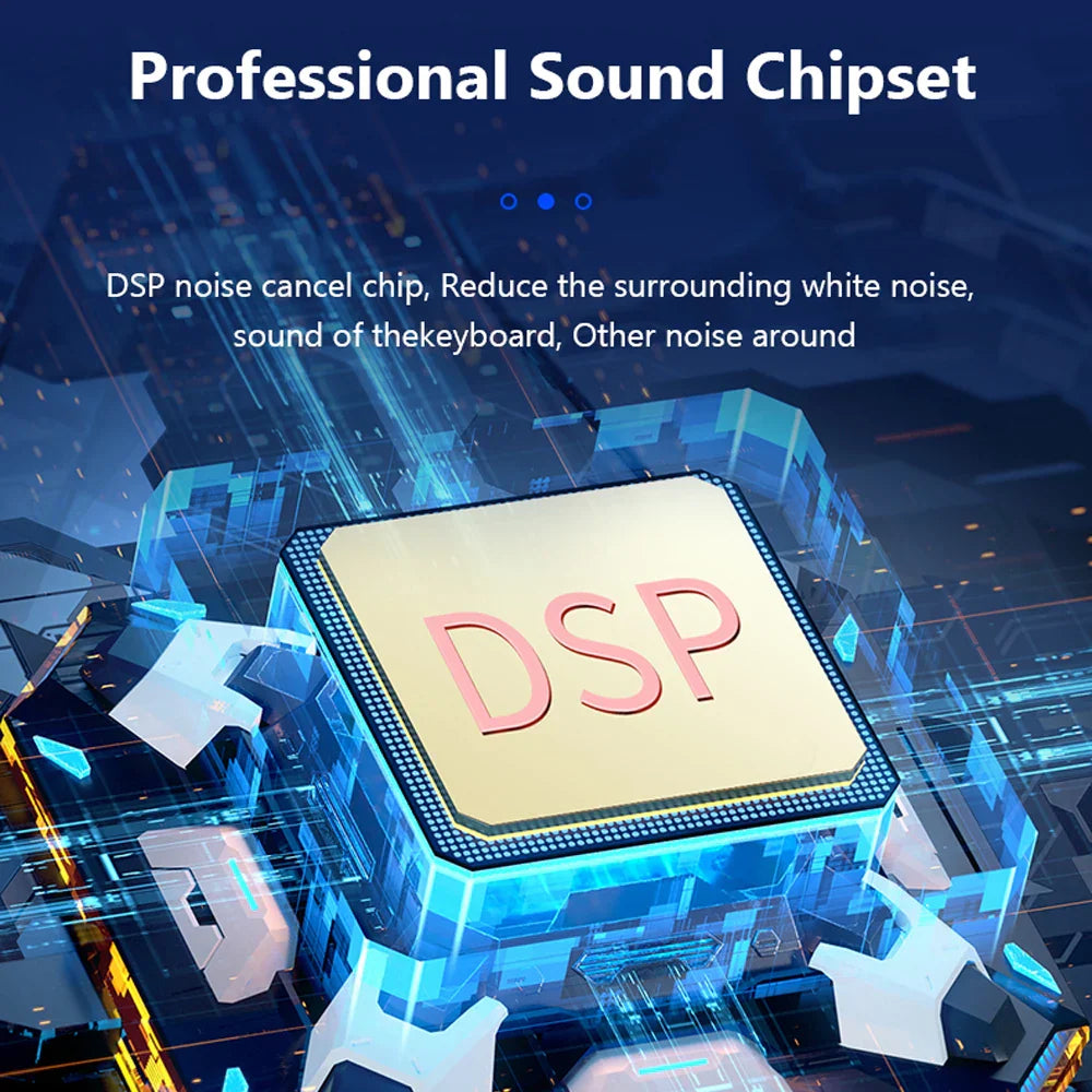 Gold-colored square dsp sound chipset with blue glowing circuitry in haomuren professional microphone sound card kit for vlog recording live