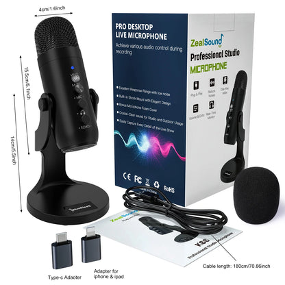 Haomuren professional usb black condenser microphone studio with shock mount and control knobs for phone computer gaming
