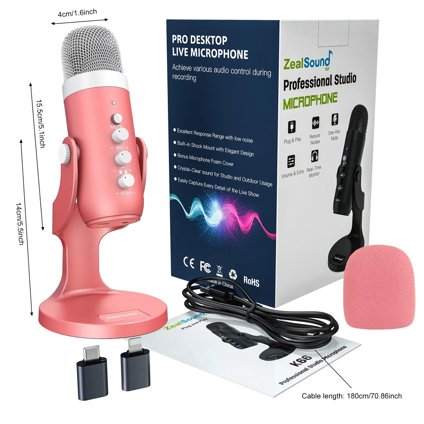 Pink metallic haomuren professional usb condenser microphone studio recording microphone with silver mesh for phone computer gaming