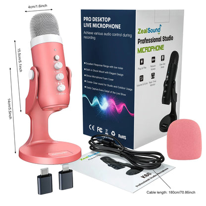 Pink metallic haomuren professional usb condenser microphone studio recording microphone with silver mesh for phone computer gaming