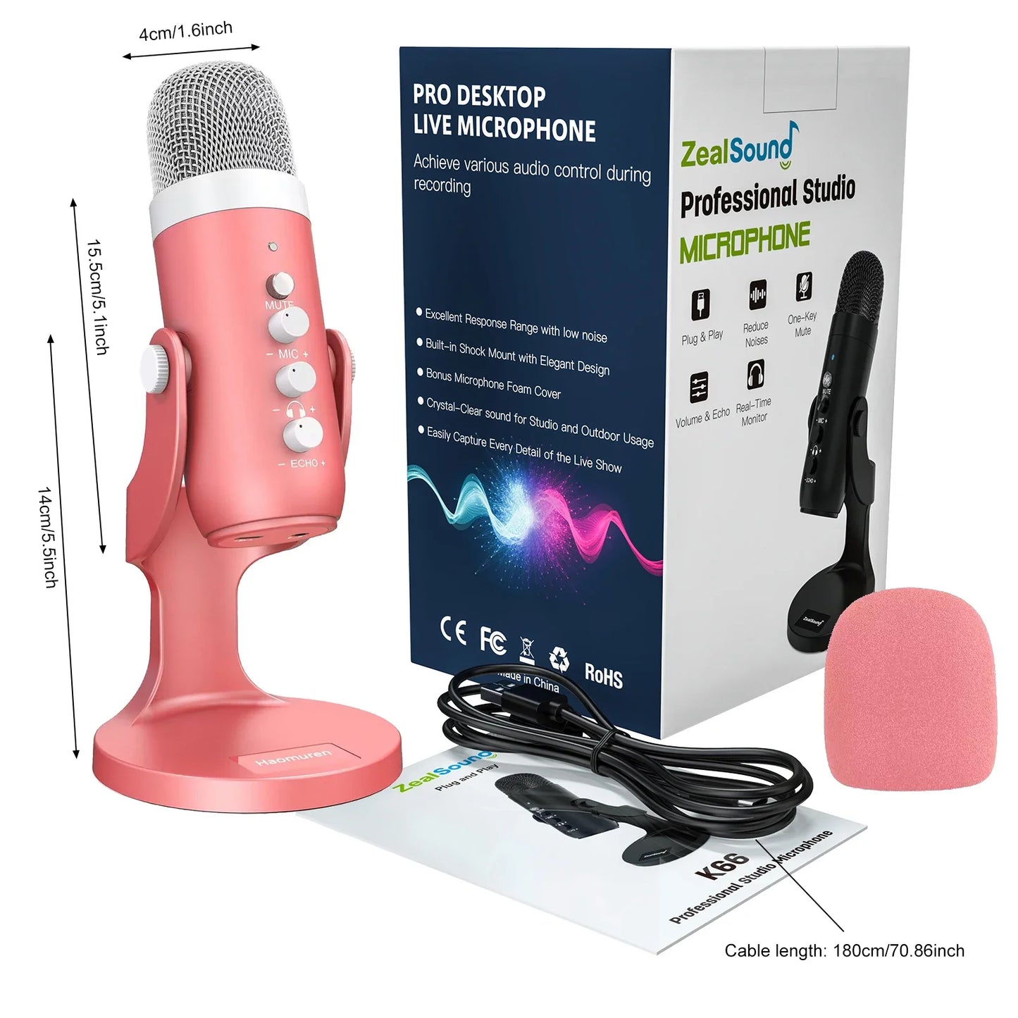 Pink metallic haomuren professional usb condenser microphone with silver mesh grille and control knobs for studio recording