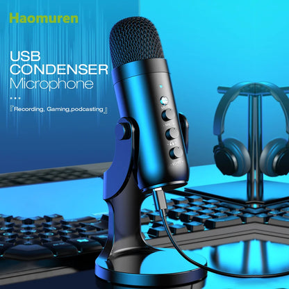 Black haomuren professional usb condenser microphone with mesh grille and control knobs for studio recording and gaming