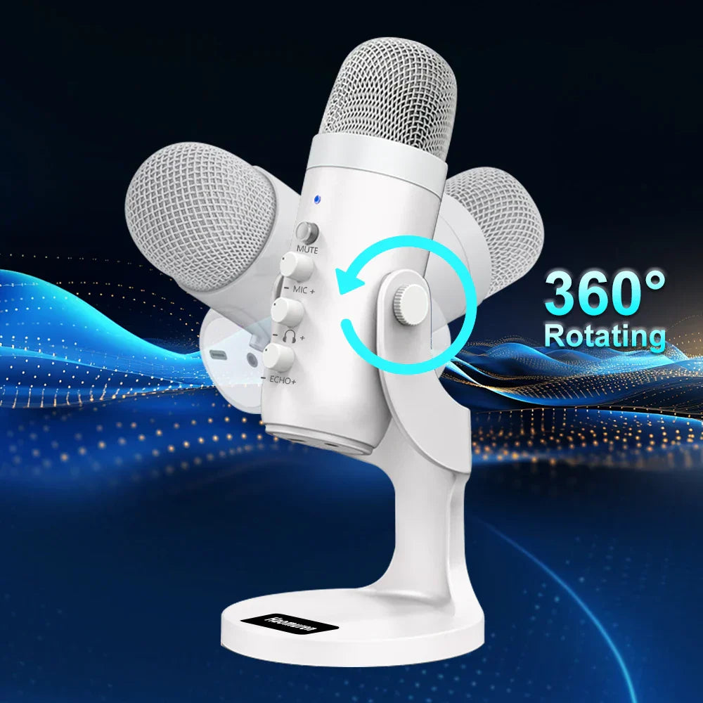 Haomuren professional usb white condenser microphone studio with 360-degree rotating three mesh heads for phone computer gaming
