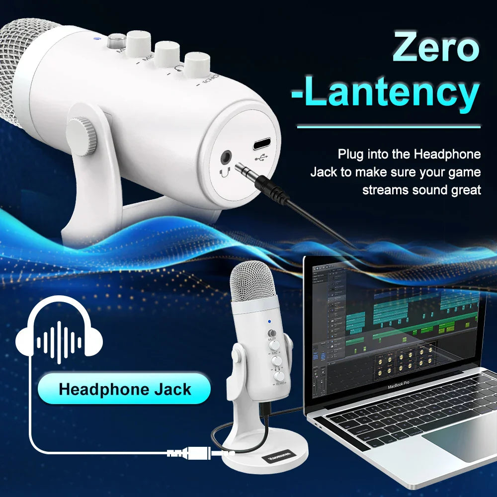 White haomuren professional usb condenser microphone studio with mesh grille and control knobs for phone computer gaming