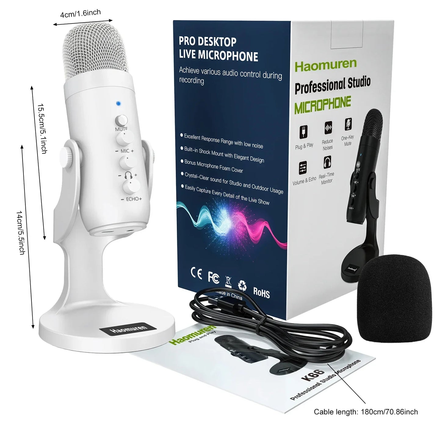 White haomuren professional usb condenser microphone studio with mesh grille and control knobs for phone computer gaming
