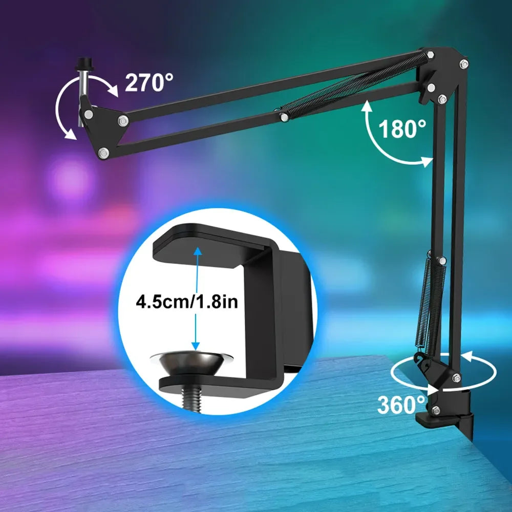 Black adjustable desktop microphone arm with 270°, 180°, and 360° rotation for haomuren professional usb condenser mic kit