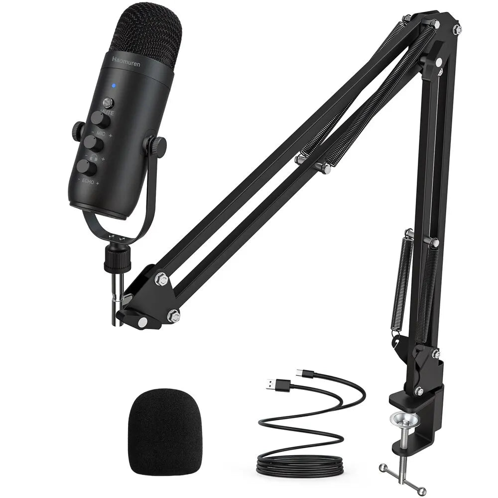 Black haomuren professional usb condenser mic kit with cardioid polar pattern boom arm and pop filter for recording studio use