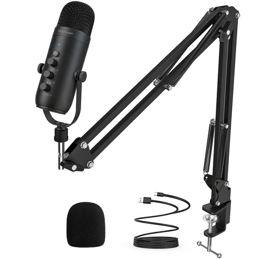 Black haomuren professional usb condenser mic kit with adjustable boom arm and pop filter for usb streaming podcast recording