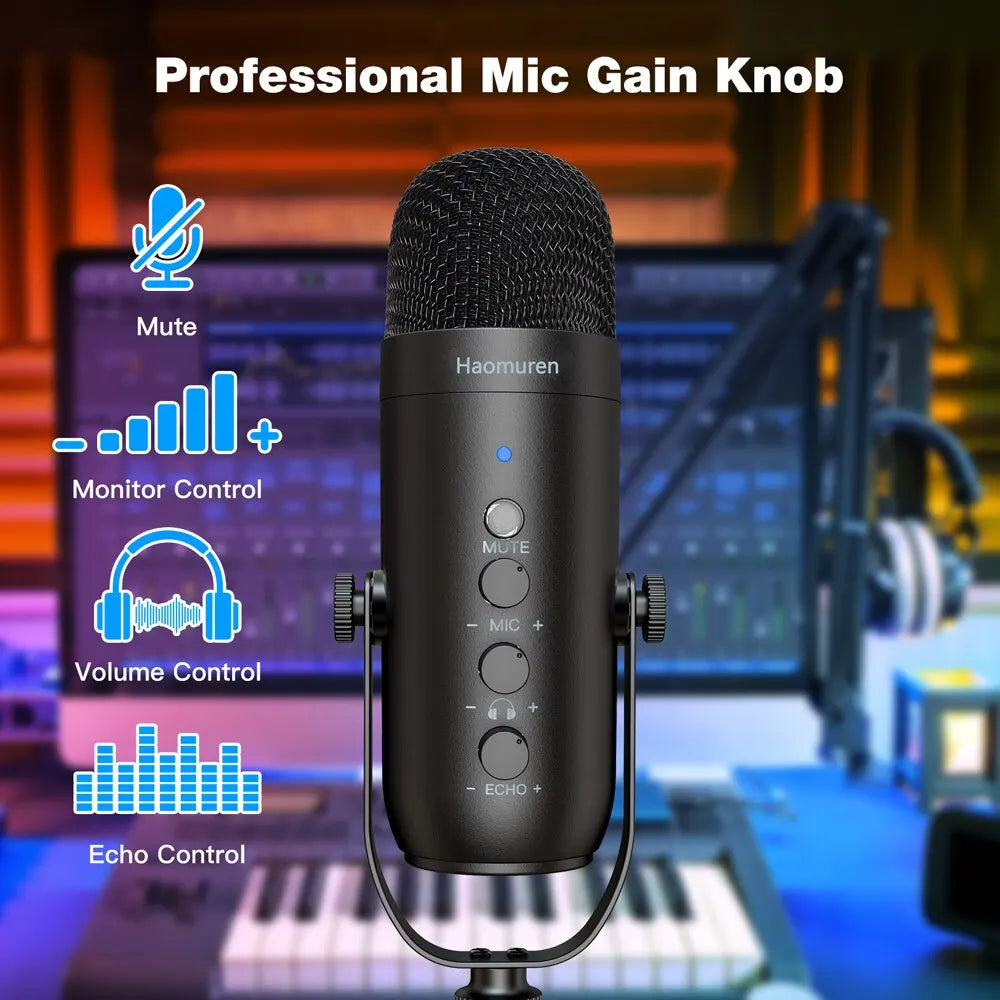 Black haomuren professional usb cardioid condenser mic kit with gain knob mute monitor volume and echo controls