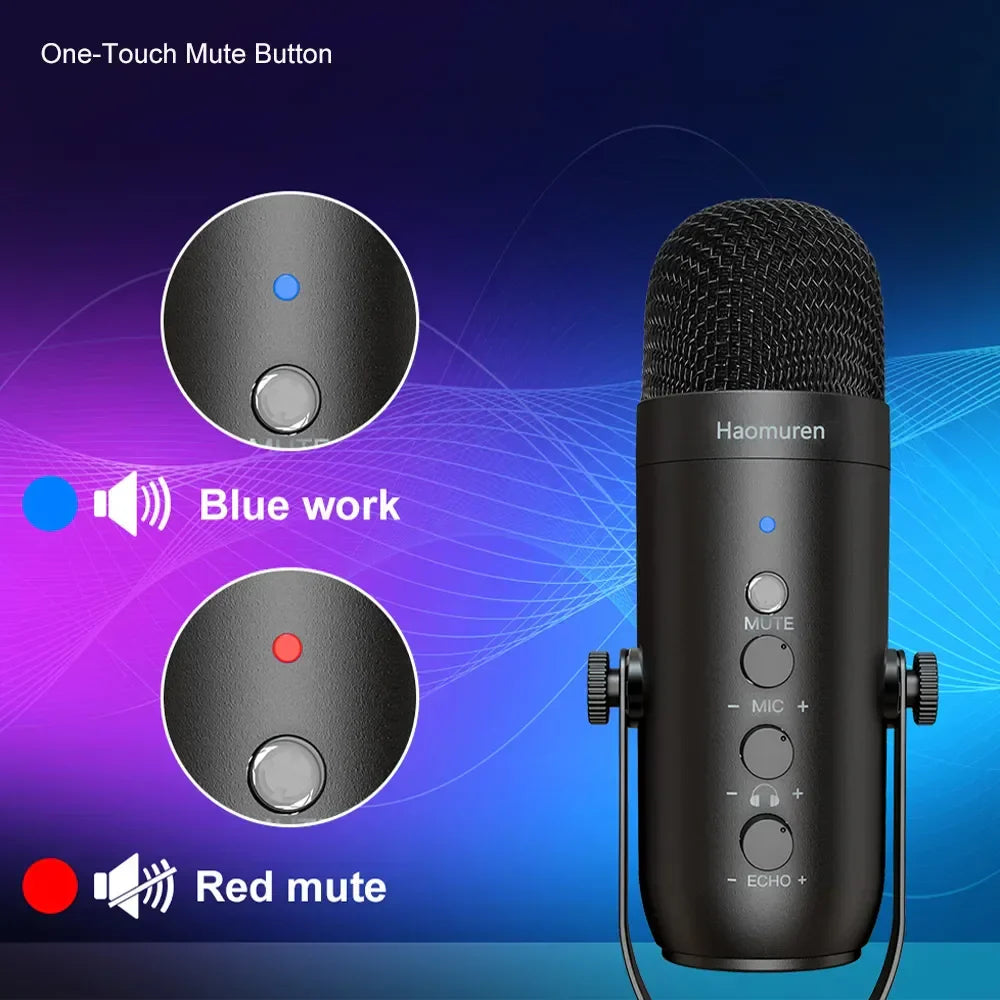 Black haomuren professional usb podcast pc microphone with mesh grille and control buttons in condenser mic kit for recording