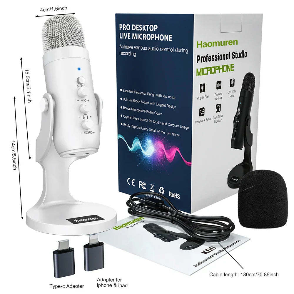 White haomuren professional studio recording condenser microphone with mesh grille and control knobs for phone gaming
