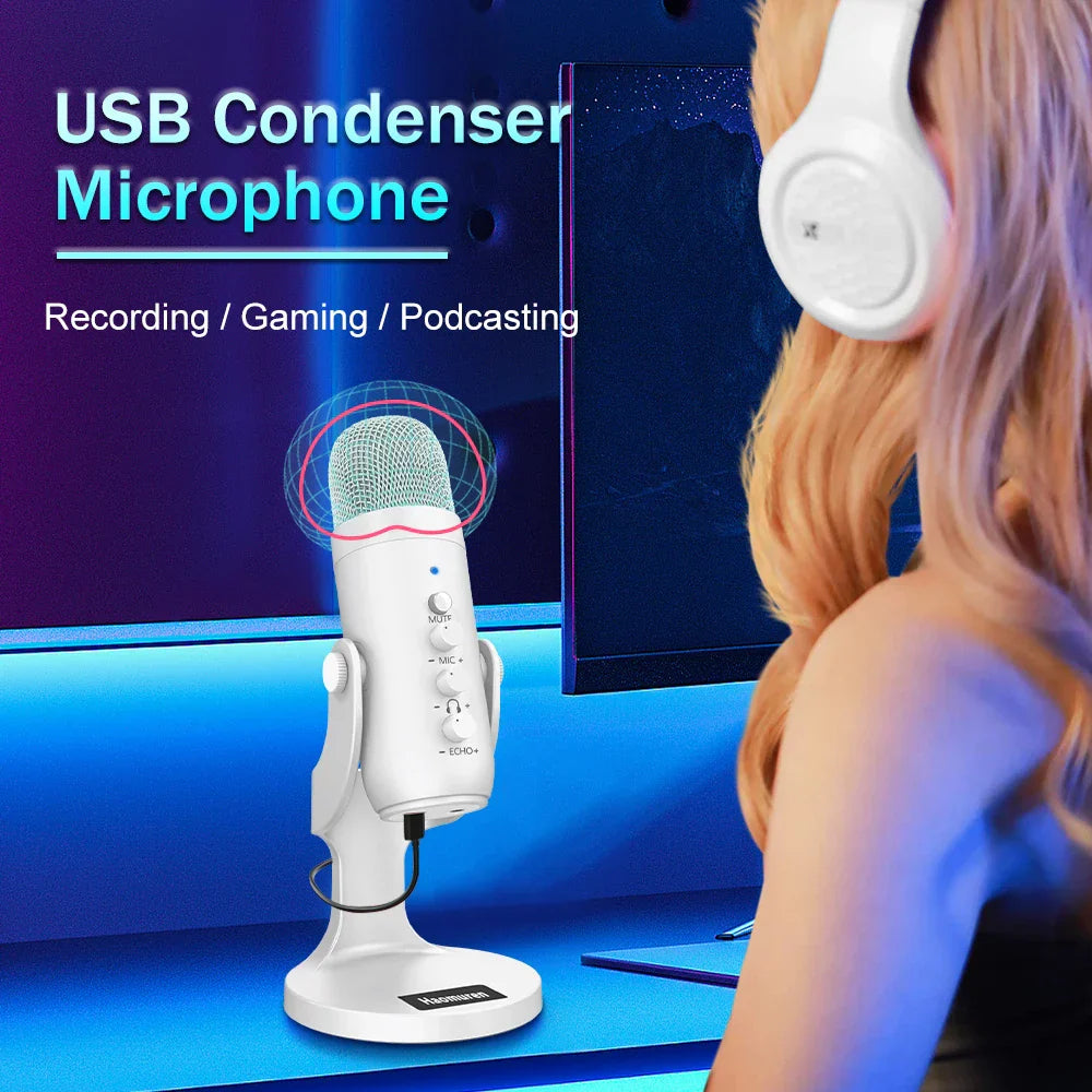 Haomuren professional white usb condenser microphone with mesh grille and control knobs for phone gaming podcasting and studio recording