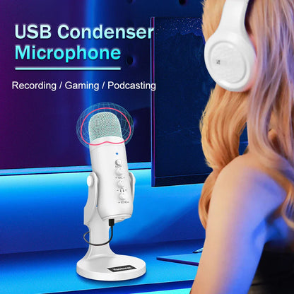 Haomuren professional white usb condenser microphone with mesh grille and control knobs for phone gaming podcasting and studio recording
