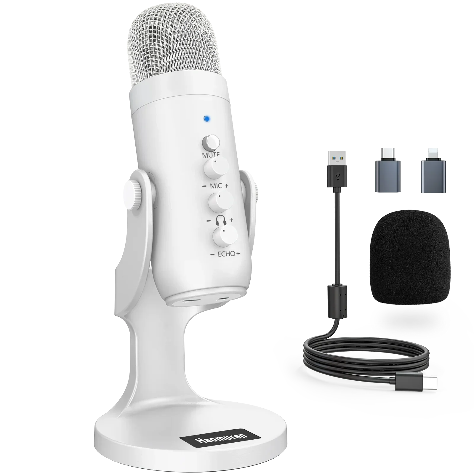 Haomuren professional white usb condenser microphone with mesh grille and control knobs for phone gaming and studio recording