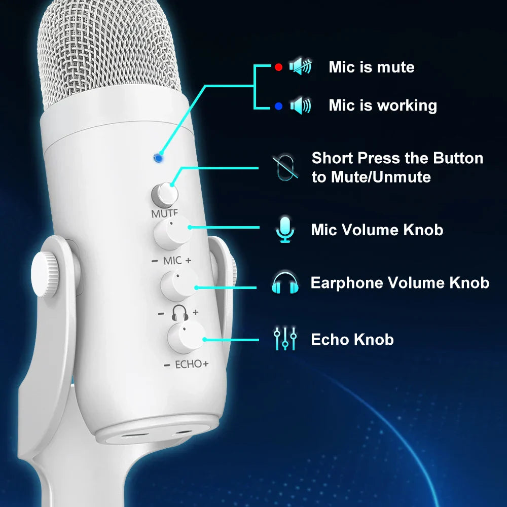 Haomuren professional white usb condenser microphone with mesh grille and control knobs for studio recording phone gaming