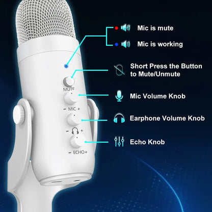 Haomuren professional white usb condenser microphone with mesh grille and control knobs for studio recording phone gaming