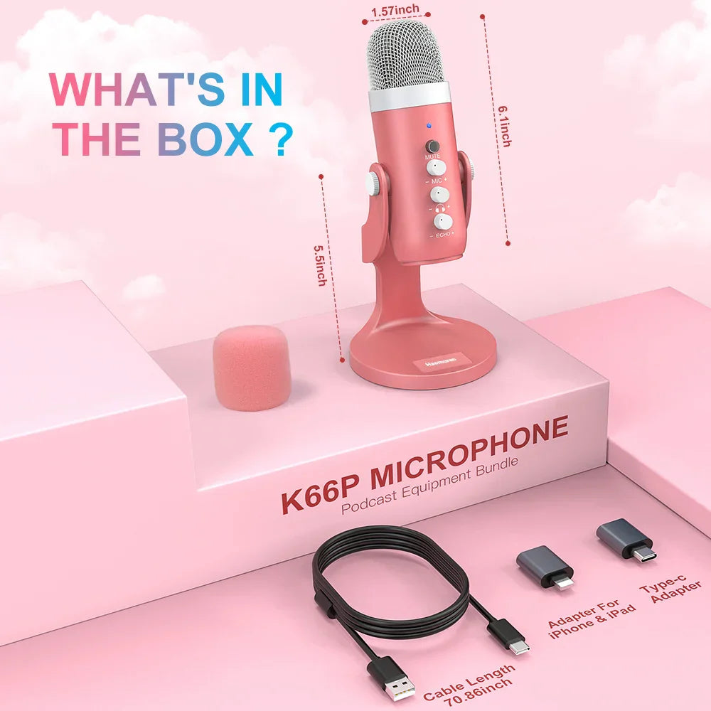 Haomuren usb condenser pink studio recording microphone with silver mesh grille and control buttons for gaming streaming podcasting