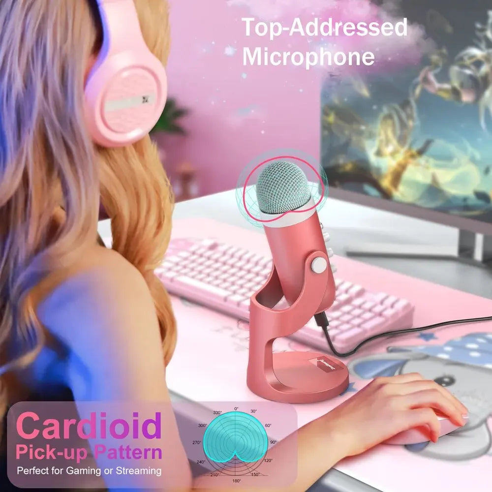 Haomuren pink usb condenser microphone with light blue mesh grille for gaming streaming podcasting and studio recording