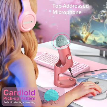 Haomuren usb condenser pink studio recording microphone with light blue mesh grille for gaming streaming podcasting