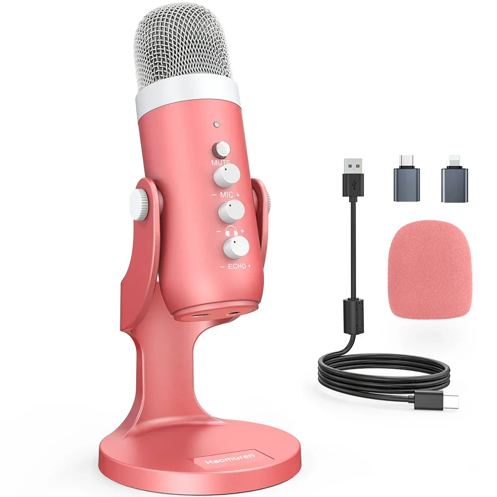 Haomuren pink usb condenser microphone with metallic body silver mesh grille and white knobs for gaming streaming podcasting