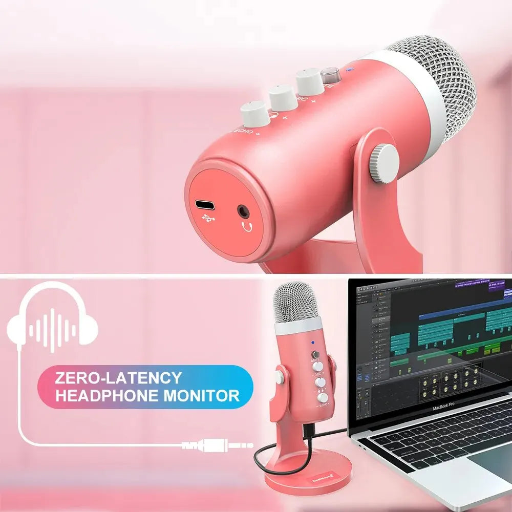 Pink usb condenser microphone with silver mesh grille and white knobs for gaming streaming podcasting and studio recording