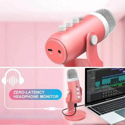 Pink usb condenser microphone with silver mesh grille and white knobs for gaming streaming podcasting and studio recording