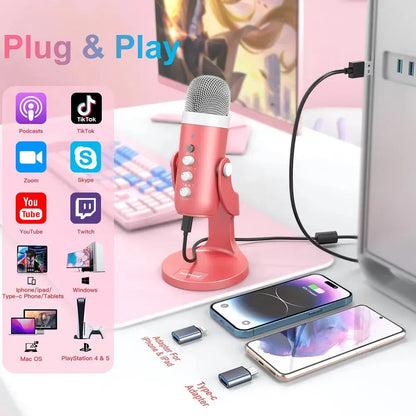 Pink haomuren usb condenser microphone with silver mesh grille and adjustable stand for gaming streaming podcasting