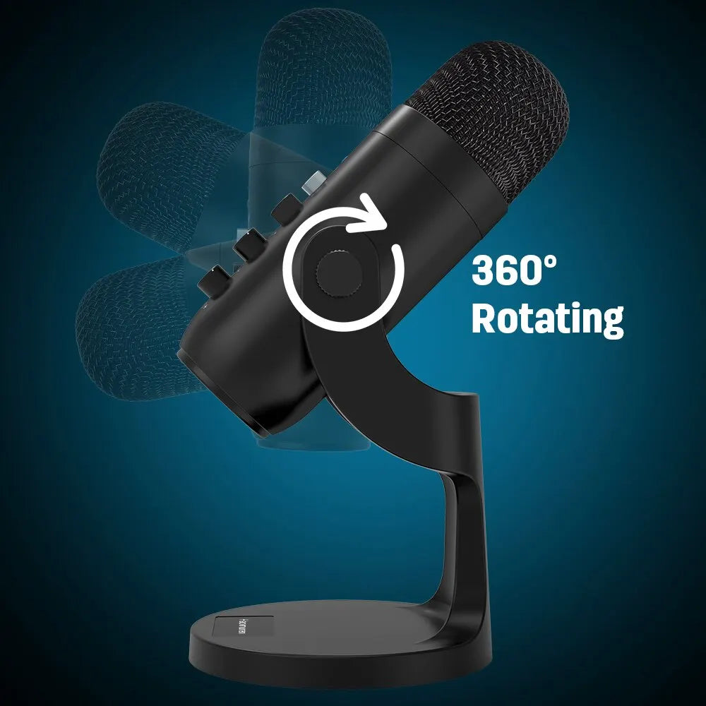 Black haomuren usb microphone with 360-degree rotation mesh grille and control buttons for podcast computer condenser use