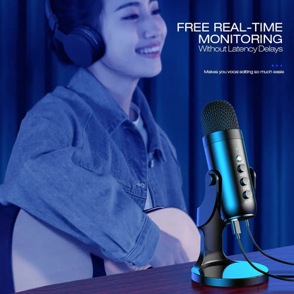Black haomuren usb microphone with metallic finish and three control knobs for gaming recording stream and podcast computer condenser use