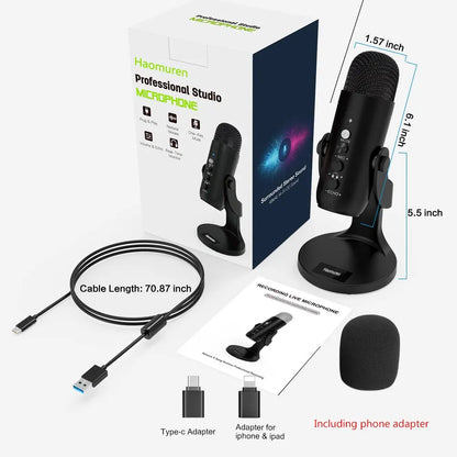 Black haomuren usb microphone with mesh grille and side controls on adjustable stand for gaming recording stream and podcast computer condenser use