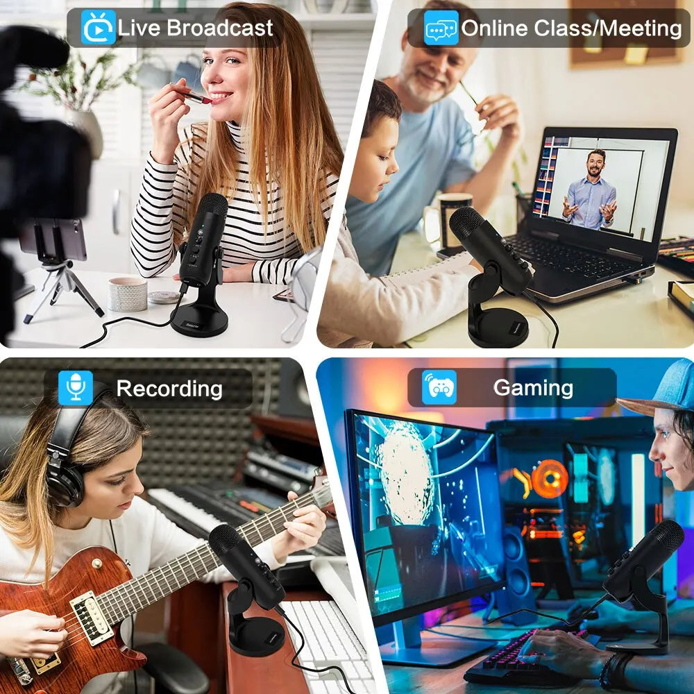 Black haomuren usb microphone with adjustable stand and headphone output for gaming recording stream and podcast use