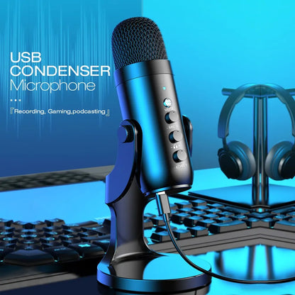 Black haomuren usb microphone with mesh grille and control knobs for gaming recording stream and podcast computer condenser