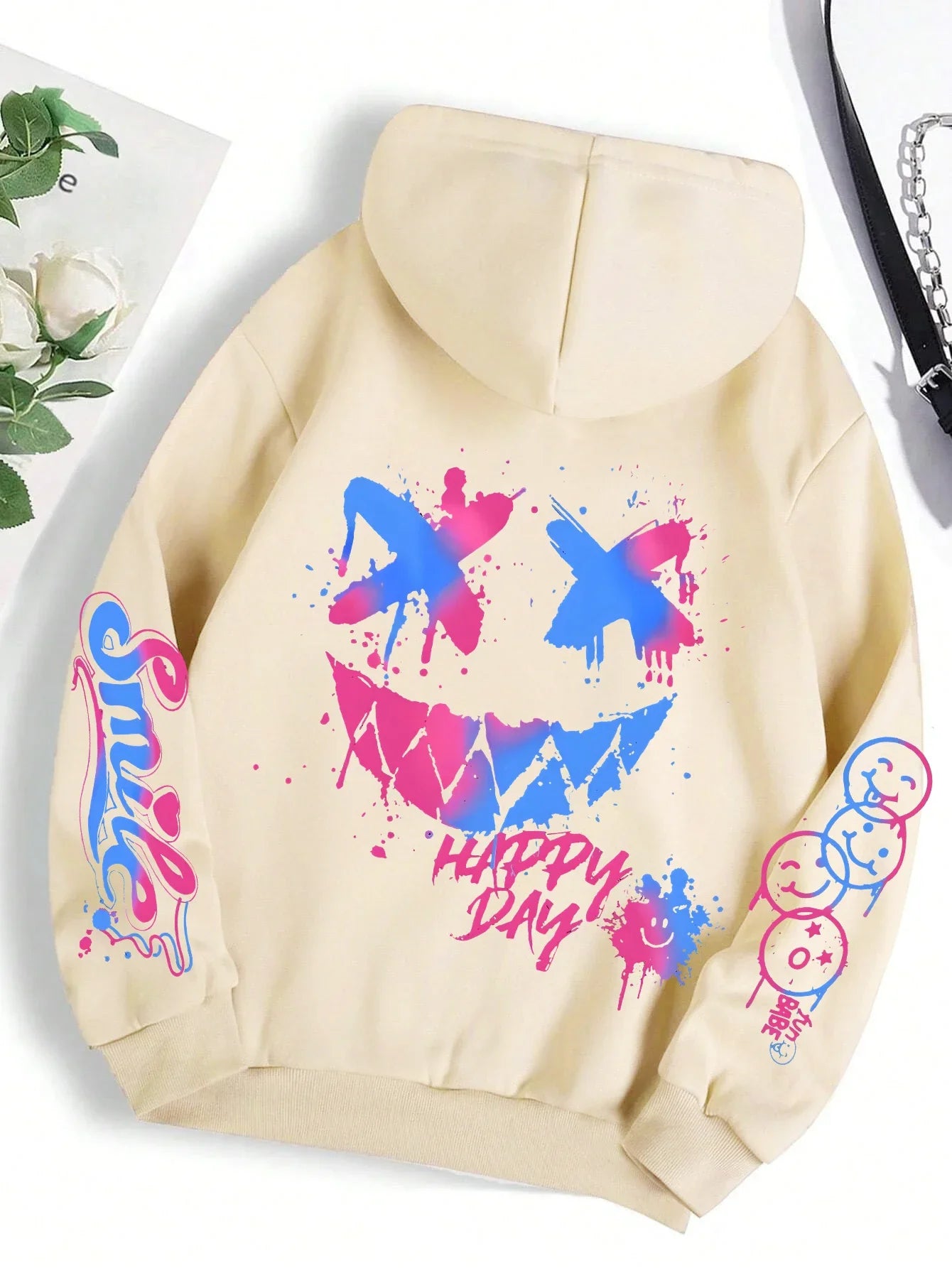 Beige hoodie street hip featuring happy day graffiti splatter smiley face and matching sleeve graphics hoody fashion crewneck