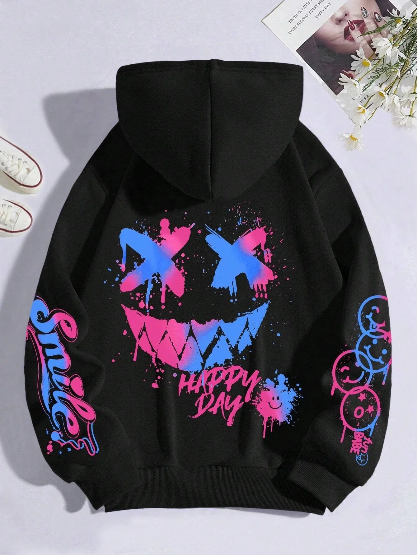 Black hoodie street hip with vibrant pink and blue happy day graffiti smiley face and smile text hoody fashion crewneck