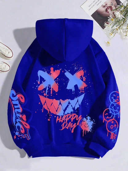 Vibrant royal blue happy day graffiti hoodie street hip featuring bold graffiti smiley face and smile lettering on sleeve