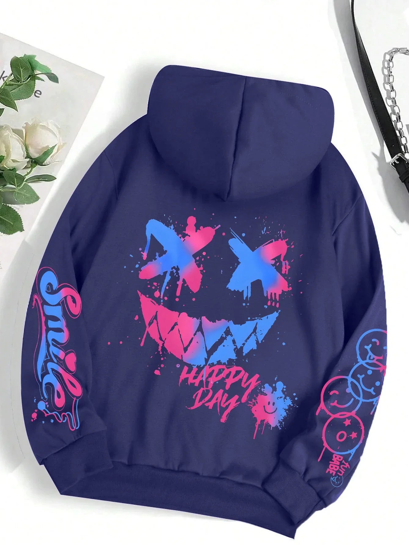 Navy blue happy day graffiti women hoodie street hip featuring vibrant smiley face and matching pink blue splatter effects