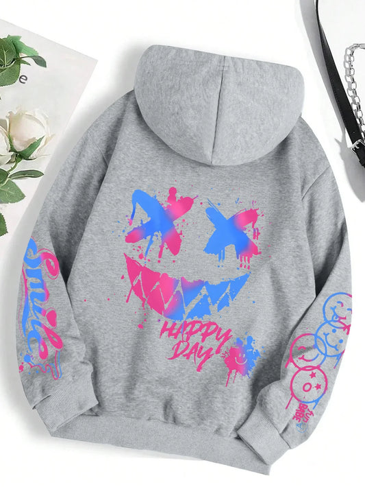 Gray hoodie featuring vibrant blue and pink splatter happy day graffiti with matching sleeve graphics for hoodie street hip style