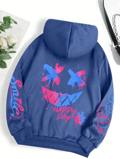 Back of a blue hoodie street hip featuring a vibrant pink and blue happy day graffiti smiley face and matching sleeve graphics